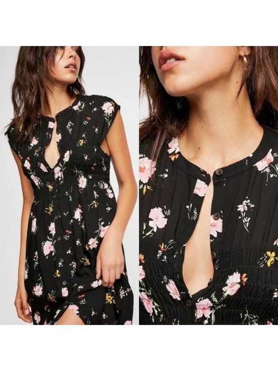 Free People Dresses & Skirts - Free People Greatest Day Dress XS Black Floral Smocked Button Front Cottagecore